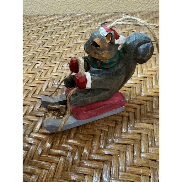Handcrafted Wooden Squirrel On Sled Christmas Ornament - Picture 4 of 6